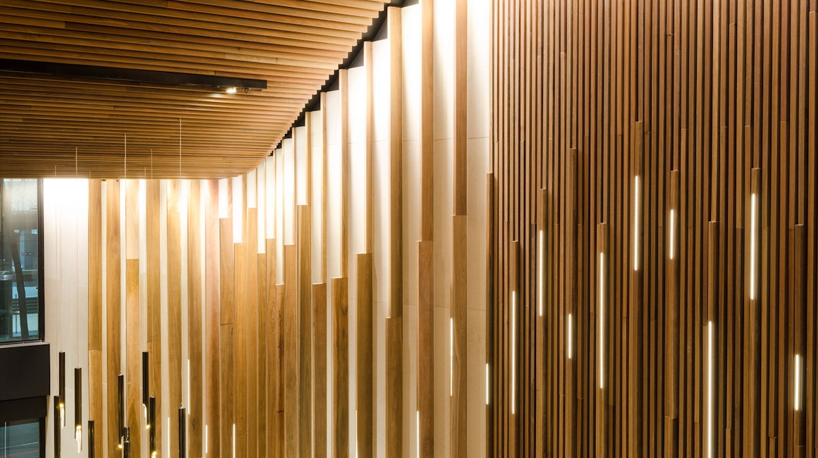 Aris linear grazer illuminates the custom timber battens in the main lobby entrance.