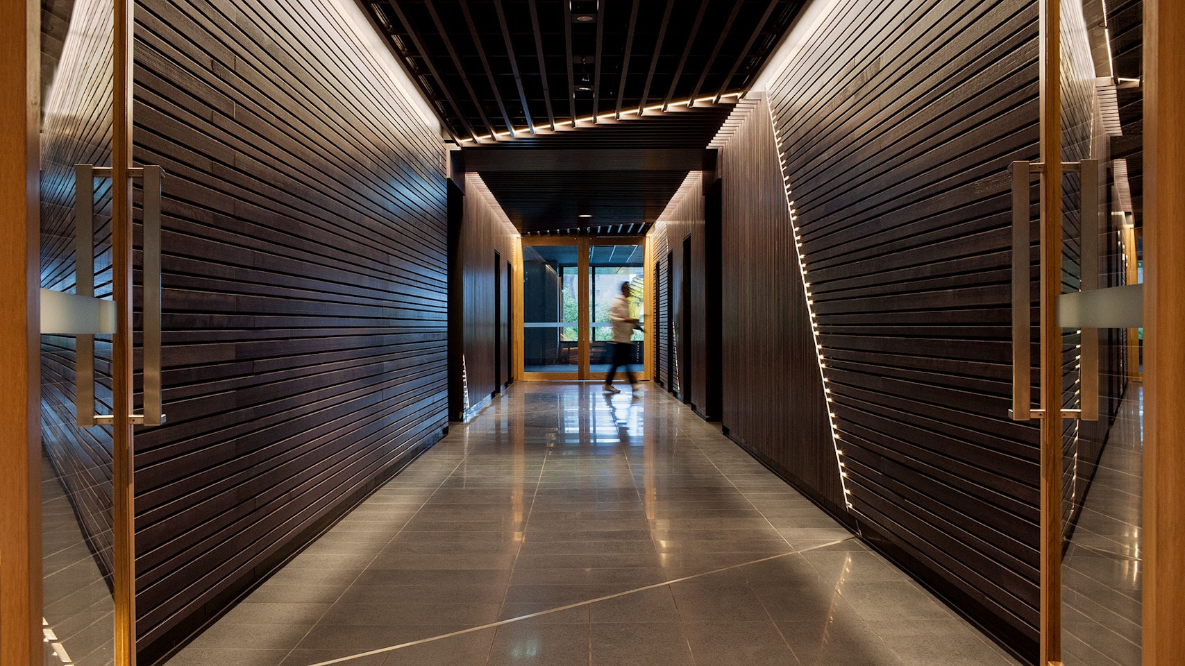 Aris LED linear floodlight in application, installed in 530 Collins Street Lobby. Architectural LED lighting