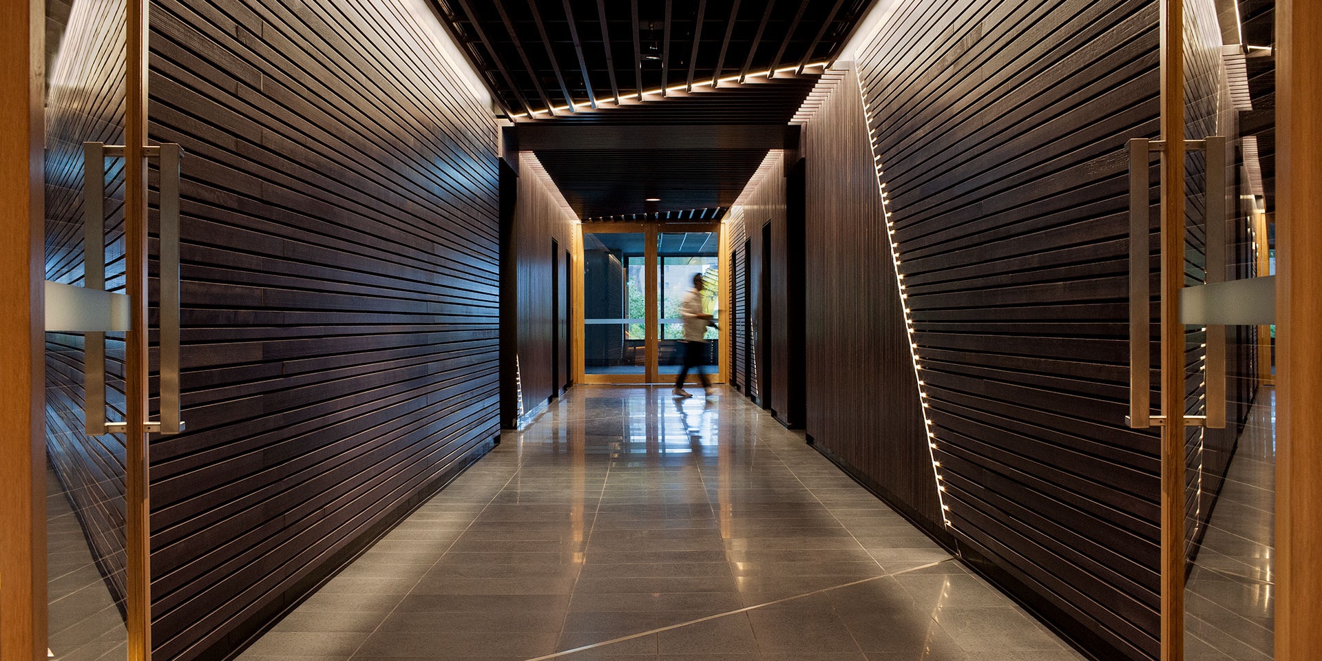 Aris LED linear floodlight in application, installed in 530 Collins Street Lobby. Architectural LED lighting