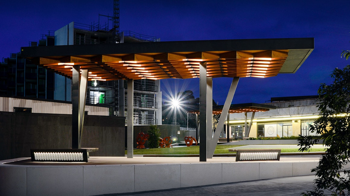 High-performance outdoor LED strip Alto IP in application, installed in Burwood Brickworks Pavilions in Melbourne. Architectural LED Lighting for outdoor applications.