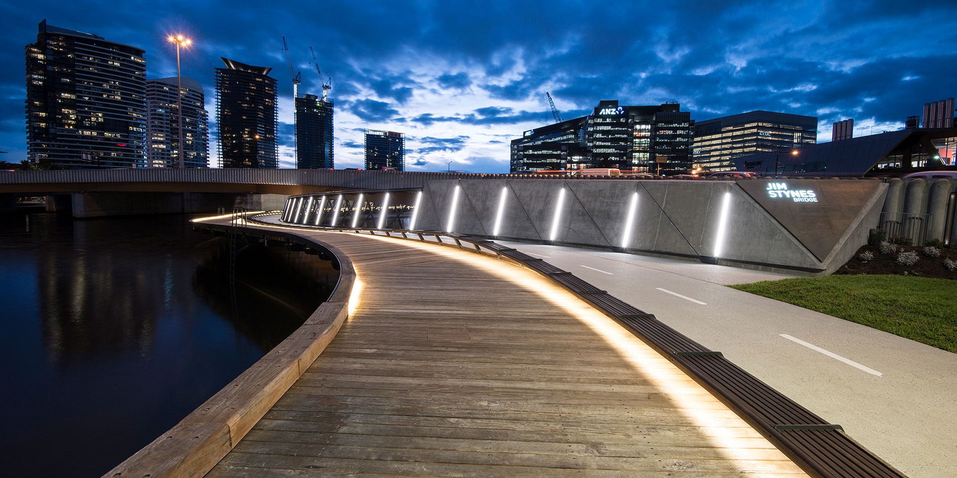 Electro IP robust outdoor LED luminaire in application, installed on the Jim Stynes Bridge in Melbourne.