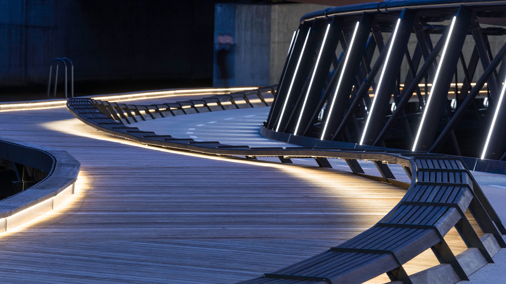 Electro IP robust outdoor LED luminaire in application, installed on the Jim Stynes Bridge in Melbourne.