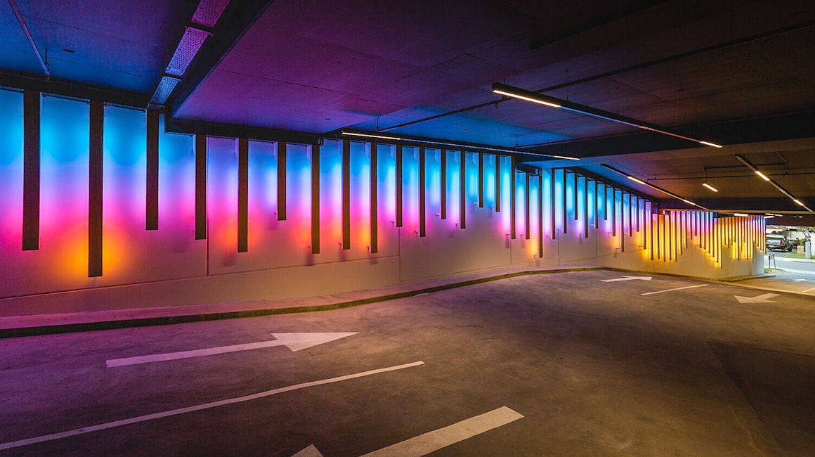 The Kishorn Road Tunnel below Cirque Apartments in Mount Pleasant is treated to a spectacular lighting installation, Chroma Flow by James Tapscott, commissioned by FORM. Max Mini Pixel IP is mounted to various lengths of Tasmanian Oak. 