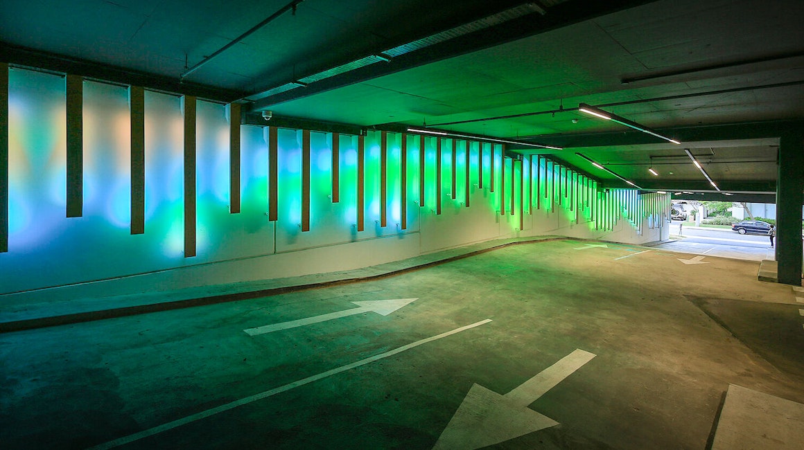 The Kishorn Road Tunnel below Cirque Apartments in Mount Pleasant is treated to a spectacular lighting installation, Chroma Flow by James Tapscott, commissioned by FORM. Max Mini Pixel IP is mounted to various lengths of Tasmanian Oak. 