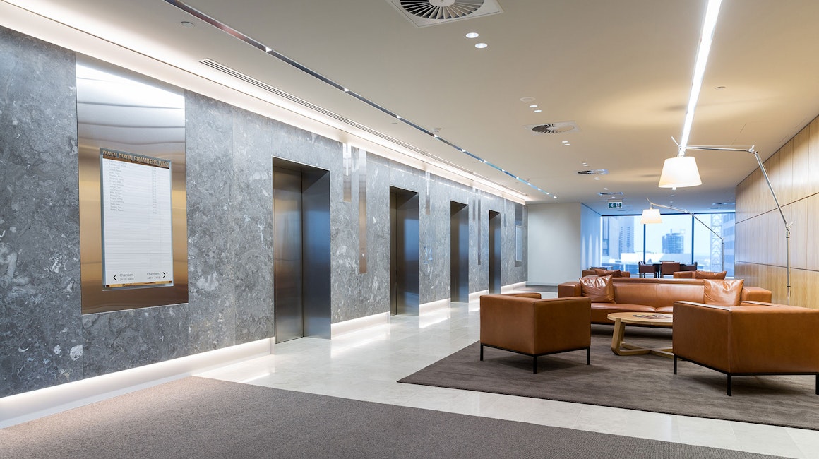Multo LED strip in application, installed in the Owen Dixon Chambers. The clean contemporary lines were given a striking edge of even illumination using Multo in the lift lobby areas.  