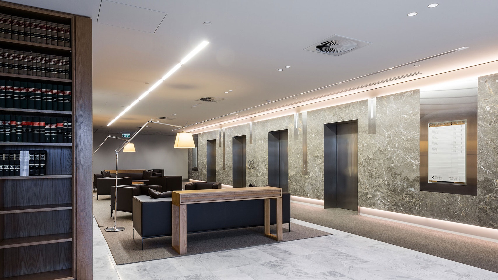 Multo LED strip in application, installed in the Owen Dixon Chambers. The clean contemporary lines were given a striking edge of even illumination using Multo in the lift lobby areas.  