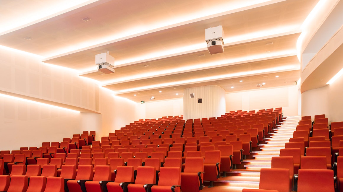 Primo X2 LED strip in application, installed in the Swinburne University AMC Building Lecture Theatre. Multiple soffits create a wave-like effect and double as an indirect lighting source.