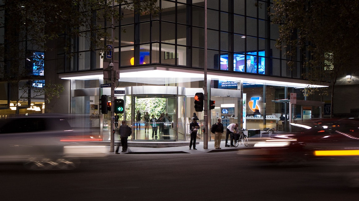 Telstra Corporate Centre at 242 Exhibition Street, Melbourne utilizes an illuminated canopy which surrounds almost three complete sides of the building. 