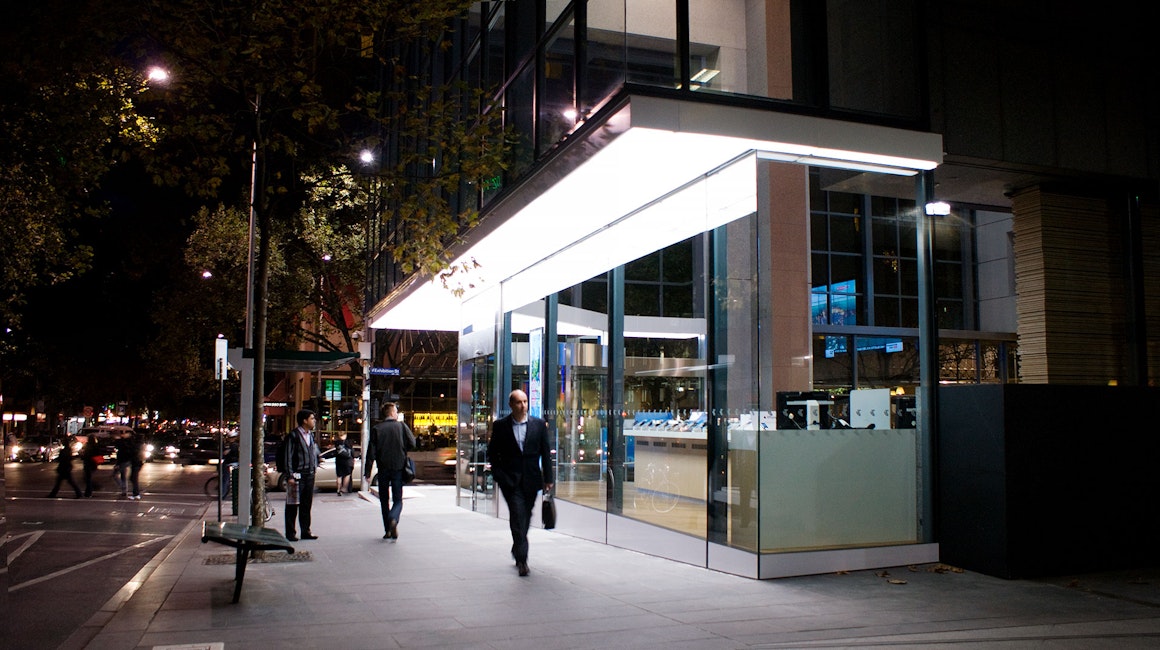 Telstra Corporate Centre at 242 Exhibition Street, Melbourne utilizes an illuminated canopy which surrounds almost three complete sides of the building. 