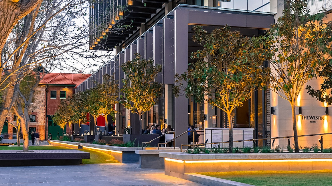 Westin Hotel Perth opened to much fanfare in late 2018. The exterior features a striking lighting design as well as a large art installation by famous street artist Rone.