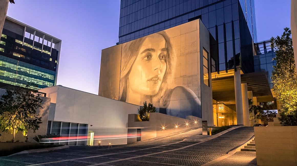 Westin Hotel Perth opened to much fanfare in late 2018. The exterior features a striking lighting design as well as a large art installation by famous street artist Rone.