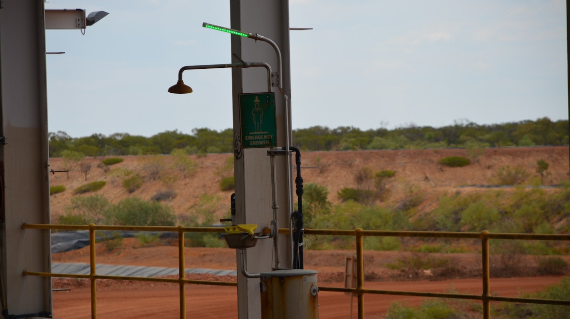 Coolon Eye Wash Station LED and DLKs are installed on a Copper Refinery in North Queensland. Close up on Eye Wash Station LED.
