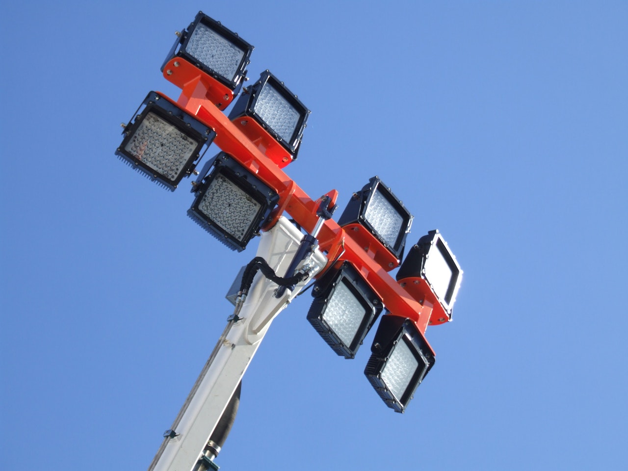CP66 LED Flood Light in application, installed on a high mast pole on an industrial /  mine site, close up shot