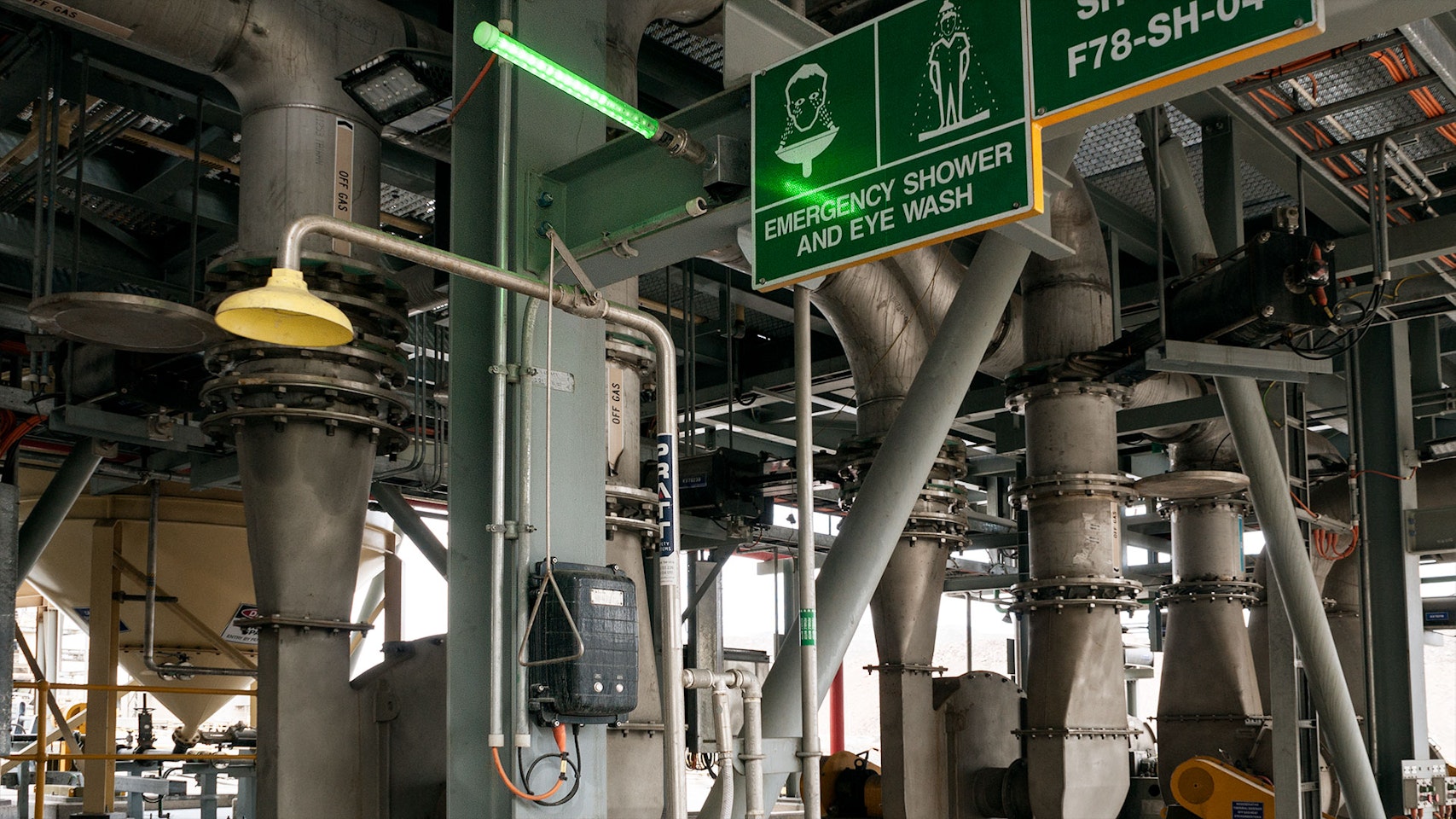 Eye Wash Station LED Safety Beacon Light in application, installed on a copper mine on an  electrowinning plant